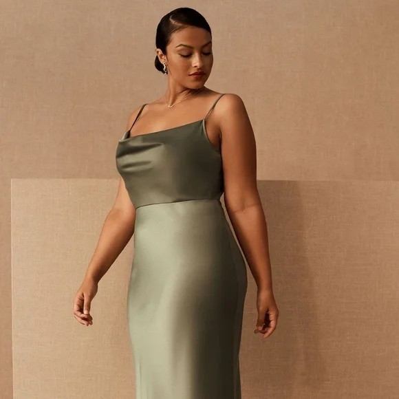 BHLDN Cali Satin Cowl-Neck Midi Slip Dress 💚 - Picture 4 of 6